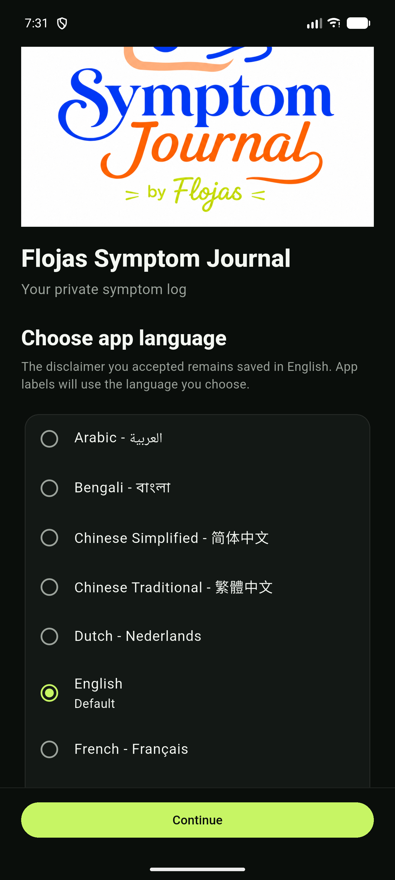 Language picker screen