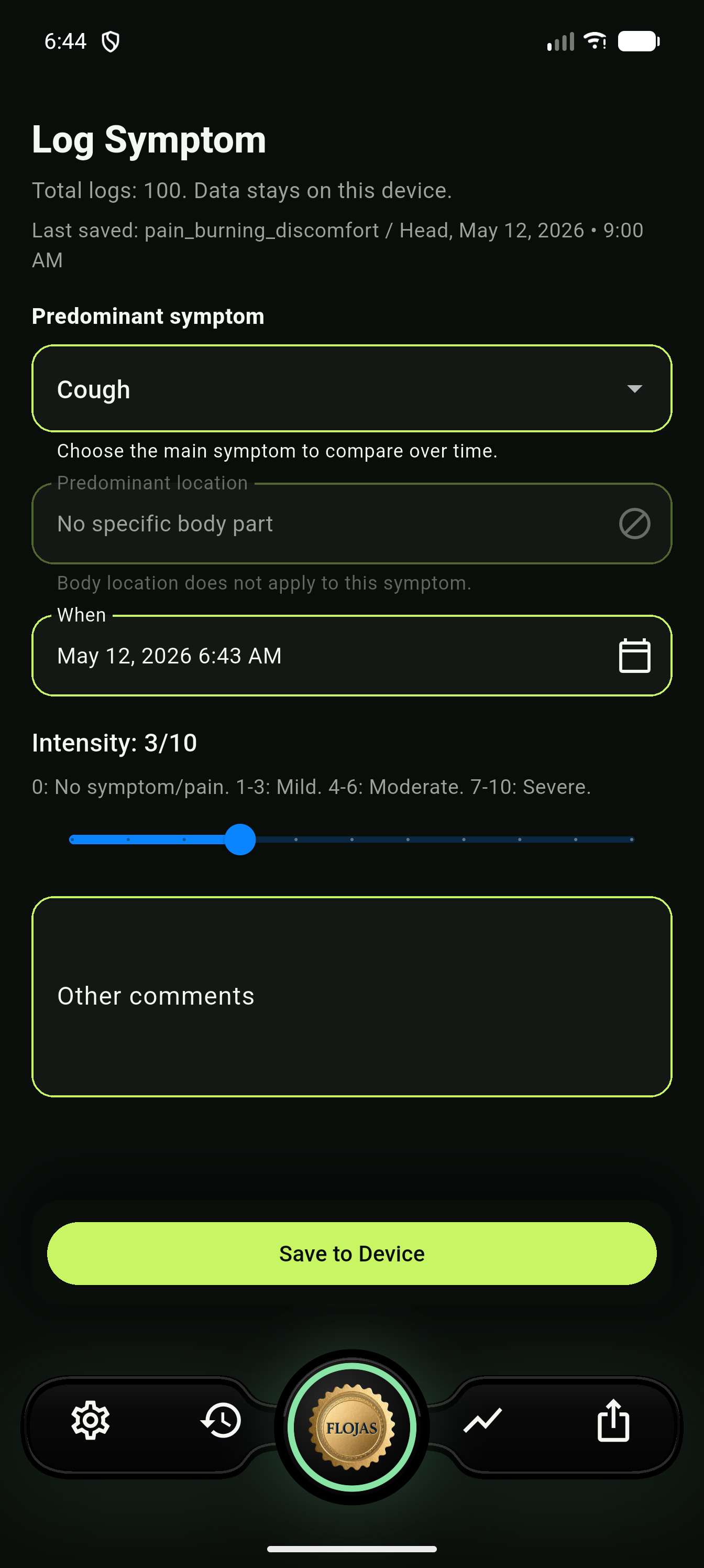 Home symptom entry screen
