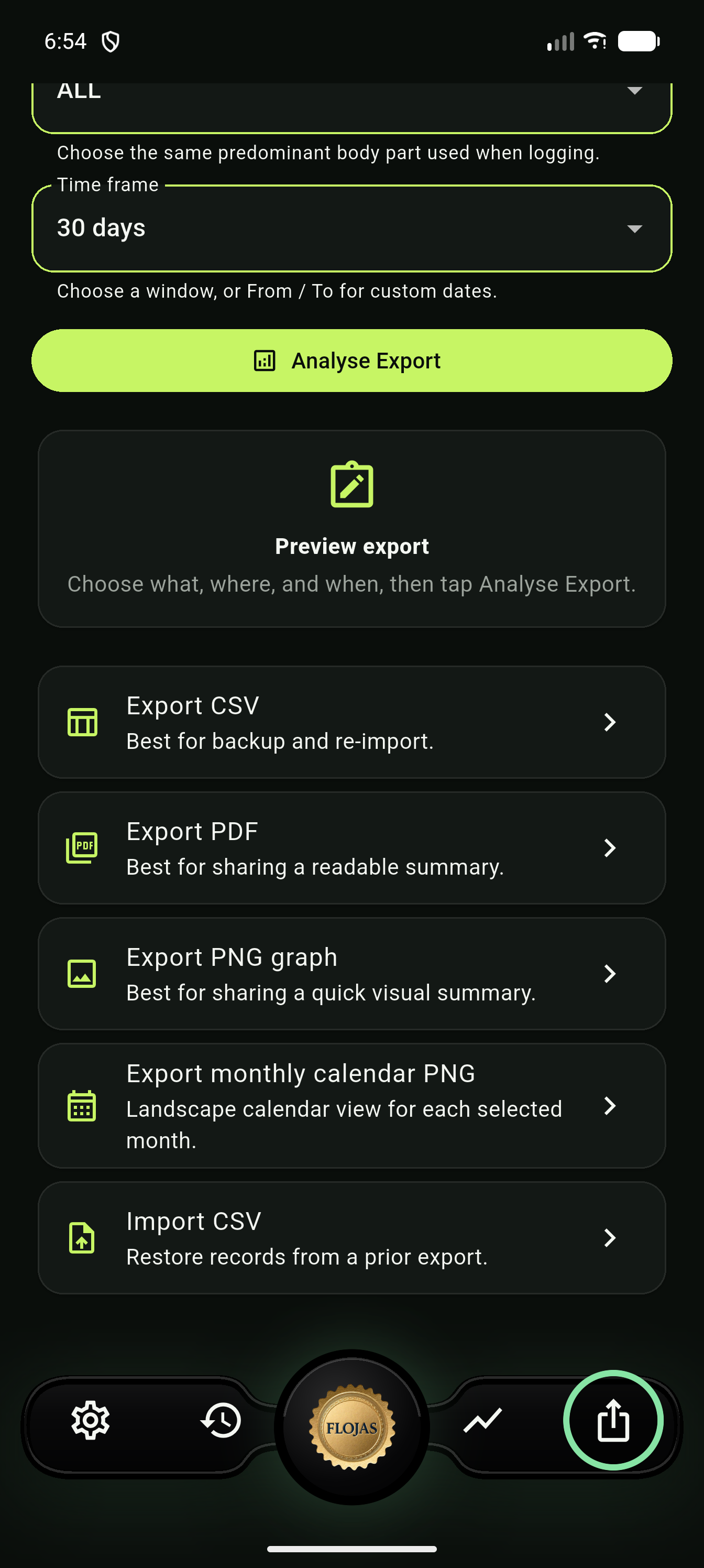 Export options screen