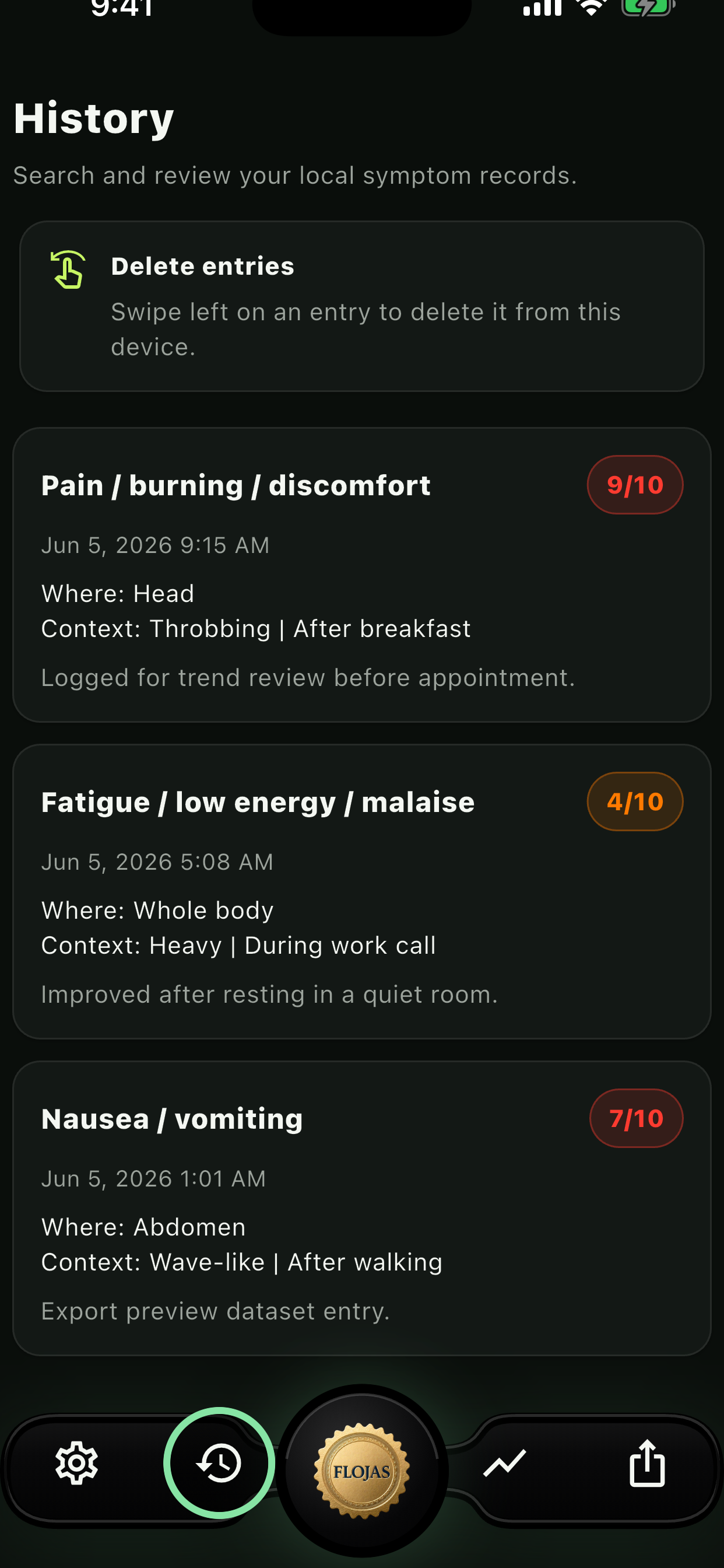 Recent symptom history screen with detailed entries