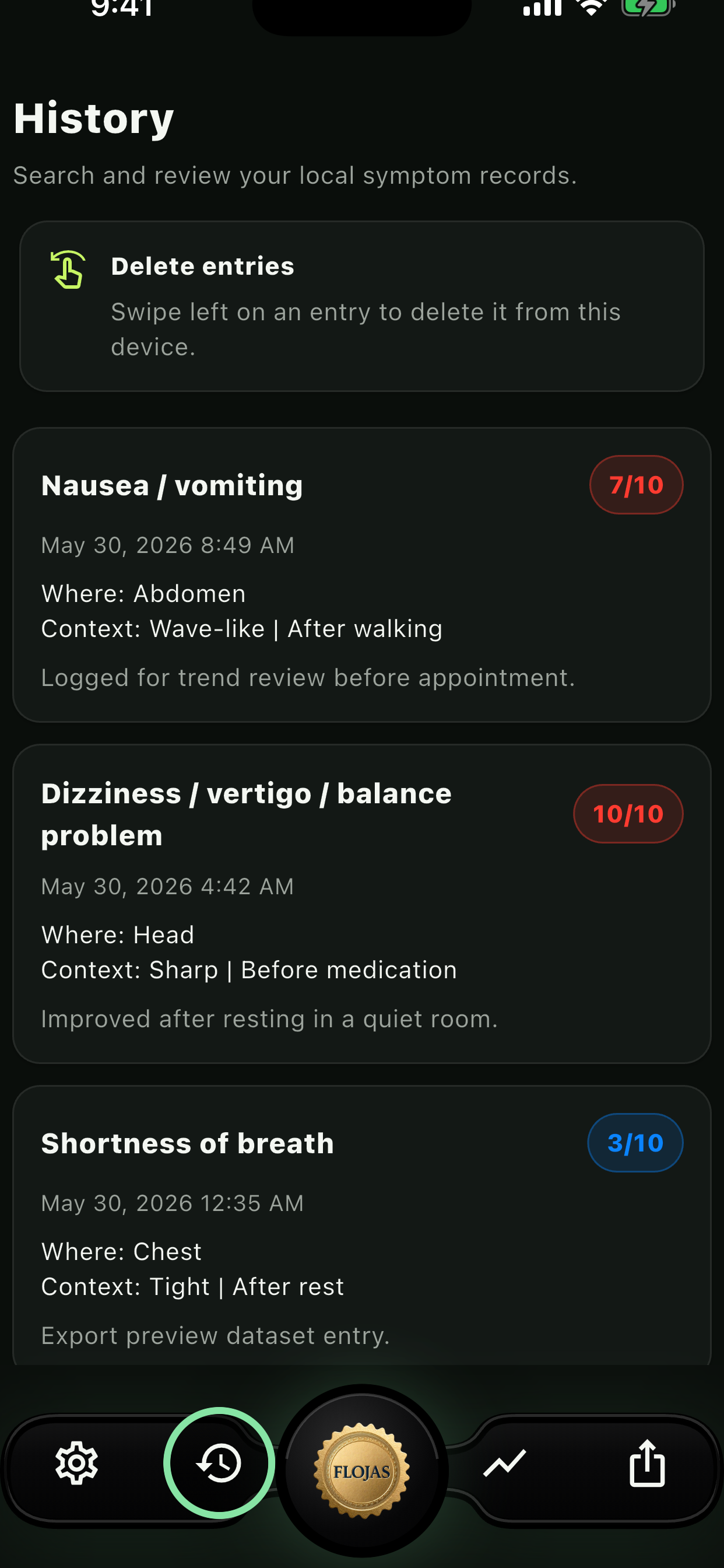 History page showing varied symptom entries and intensities