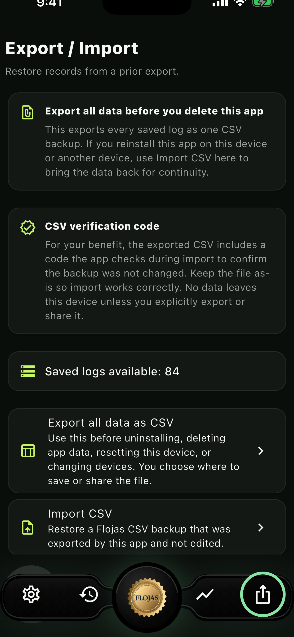 Export and import screen showing saved log count